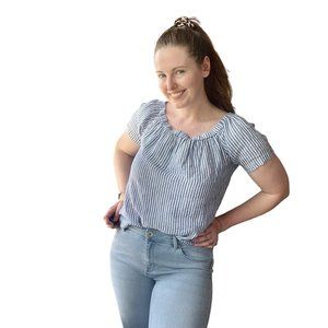 🔥 J. Crew | Blue/White Striped Linen Wide Neck/Off-Shoulder Blouse Sz Small